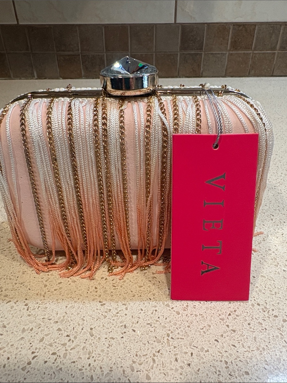 Vieta NWT Pink & Gold Fringe Evening Clutch/Crossbody Bag